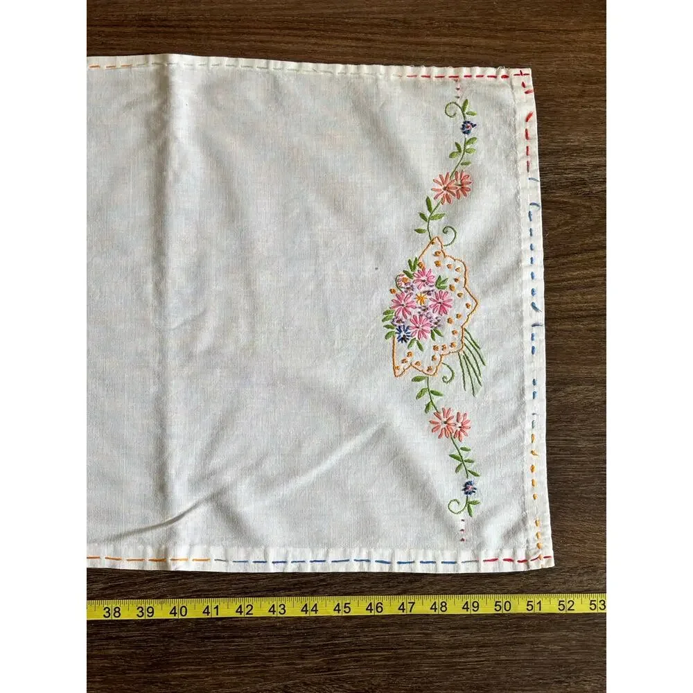 Vintage Rainbow Floral Embroidered Table Runner 50x16 Dresser Scarf Cottagecore